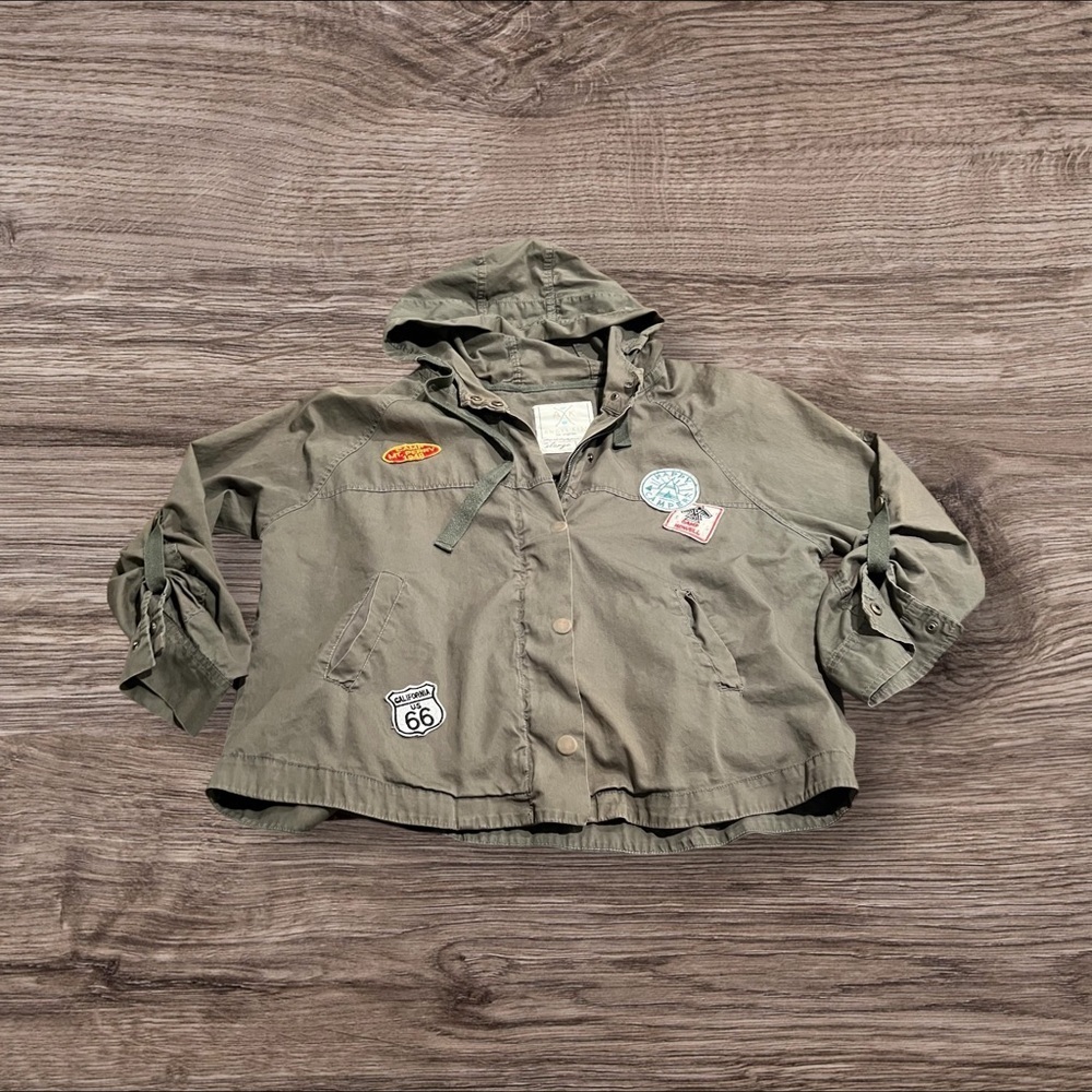 Angel Kiss LA Women’s Army Green Utility Jacket Hood Patches Zipper Snaps XL